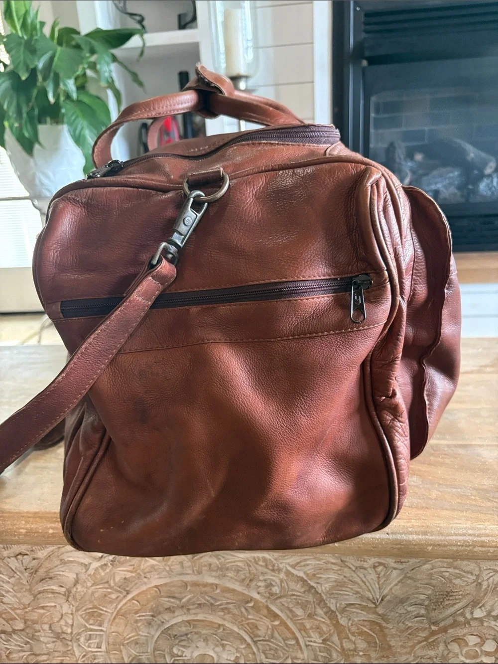 Leather Weekender Duffel Bag - Brown